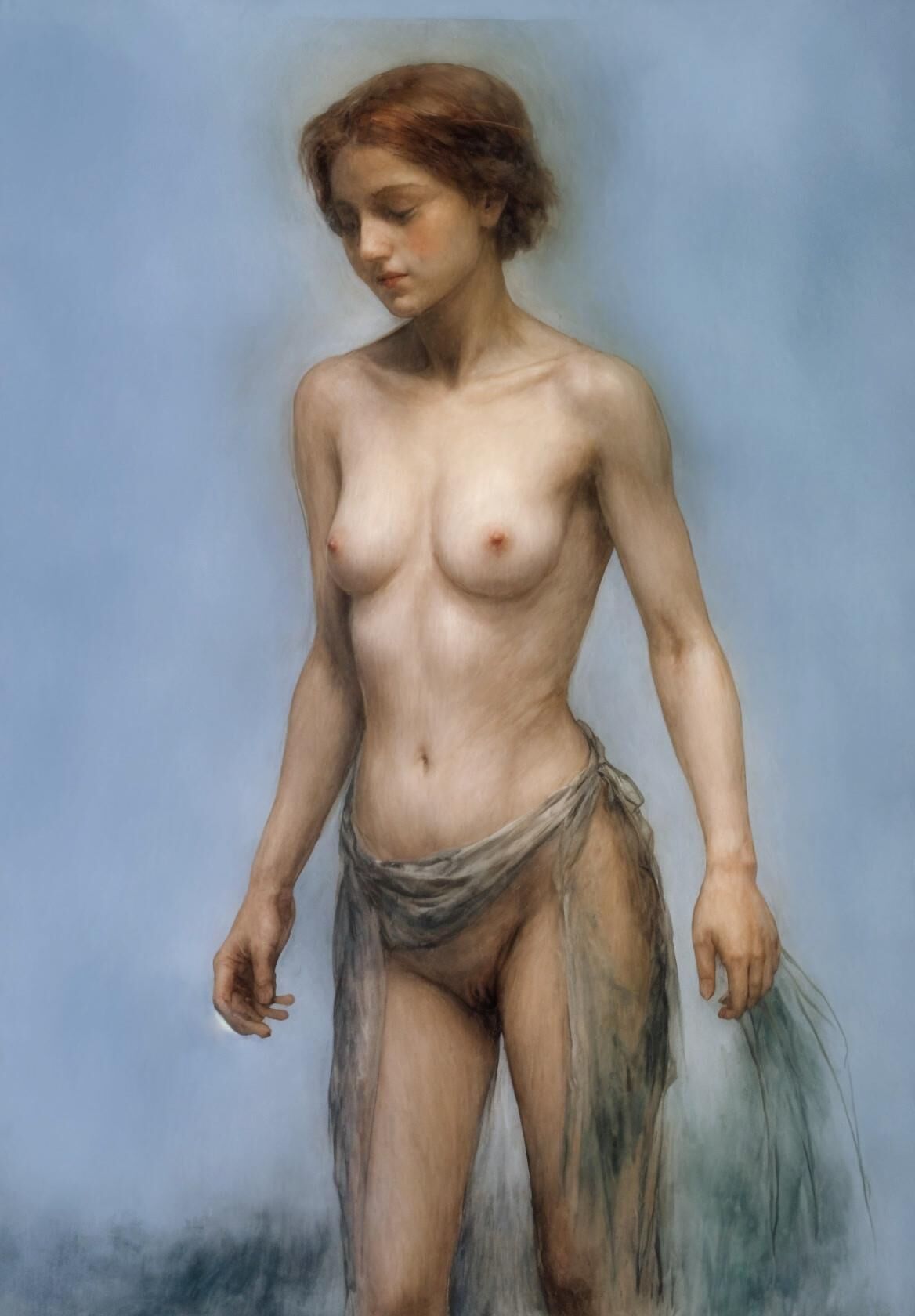 Klassische Illustrationszeichnungen von Nudist Redhead in der Öffentlichkeit