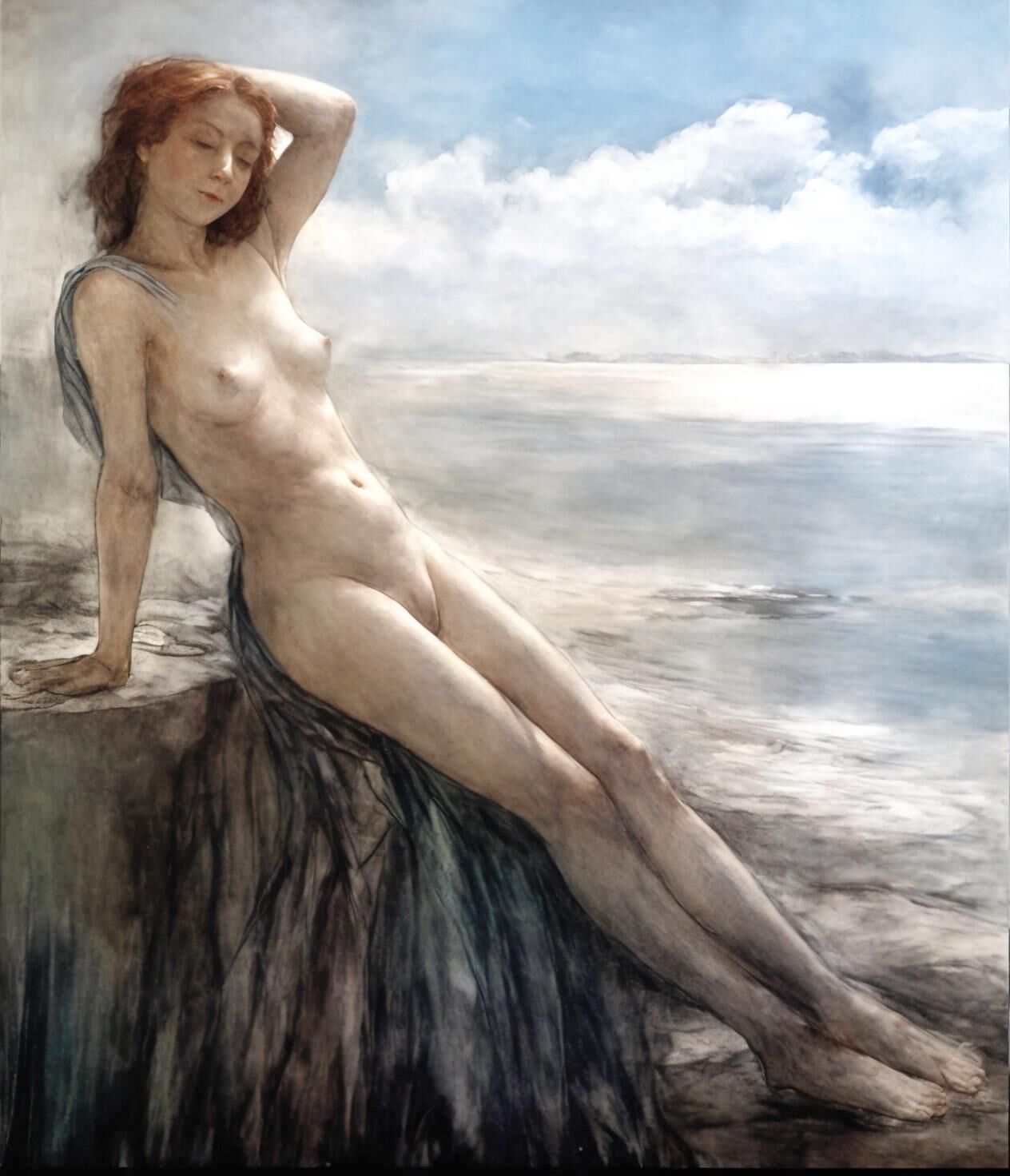Klassische Illustrationszeichnungen von Nudist Redhead in der Öffentlichkeit