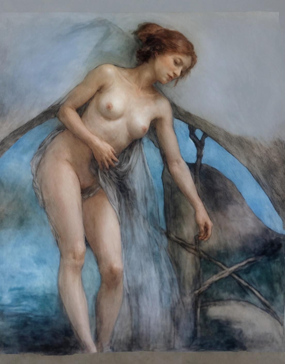 Klassische Illustrationszeichnungen von Nudist Redhead in der Öffentlichkeit