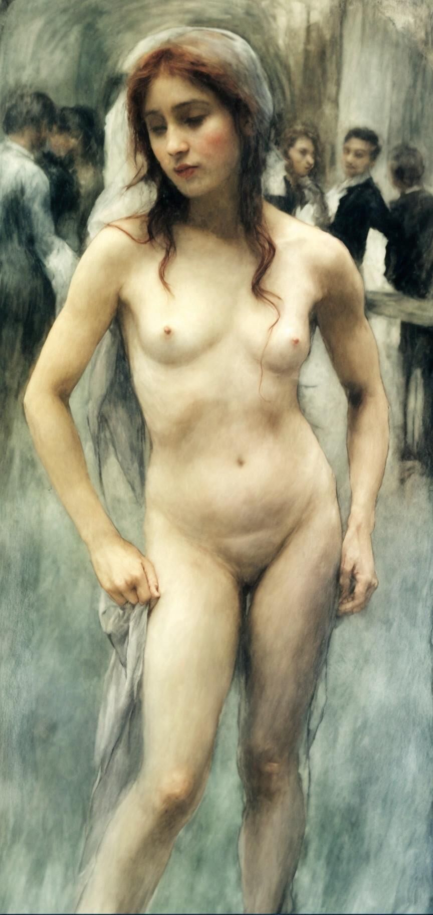 Klassische Illustrationszeichnungen von Nudist Redhead in der Öffentlichkeit