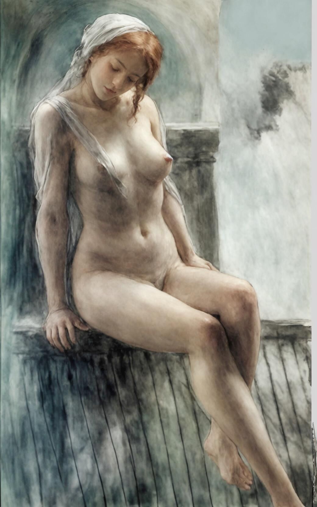 Klassische Illustrationszeichnungen von Nudist Redhead in der Öffentlichkeit