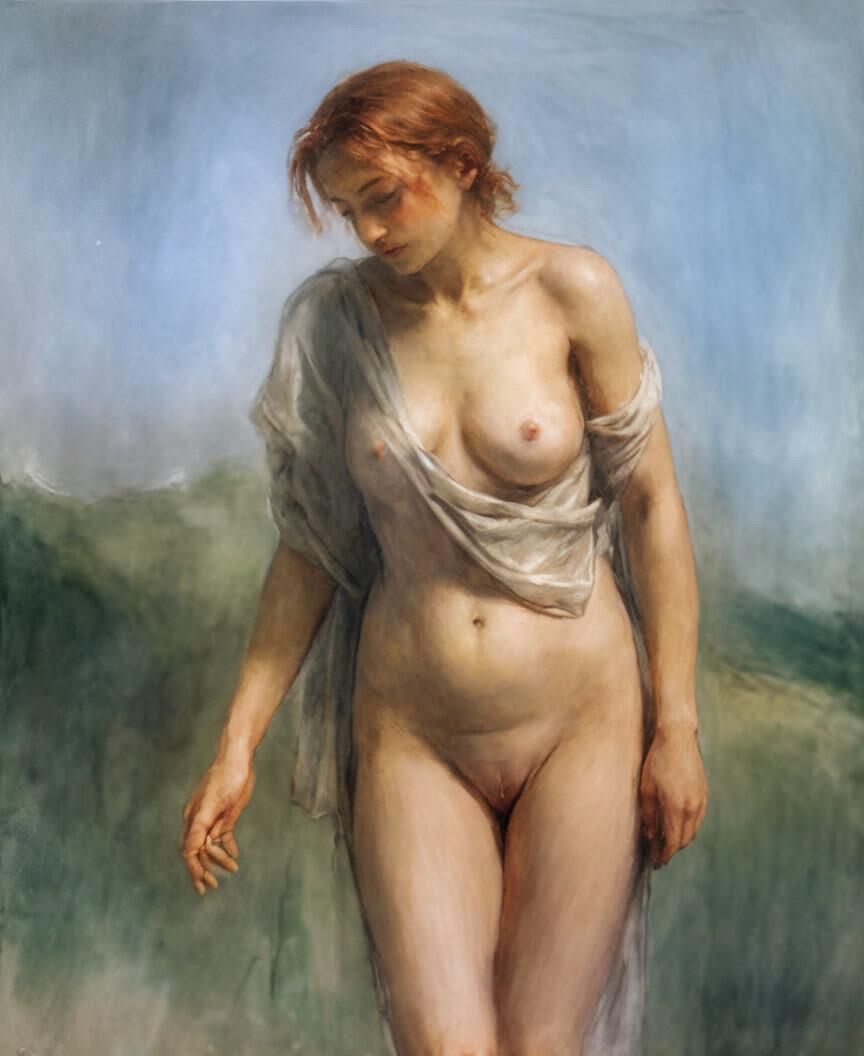 Klassische Illustrationszeichnungen von Nudist Redhead in der Öffentlichkeit