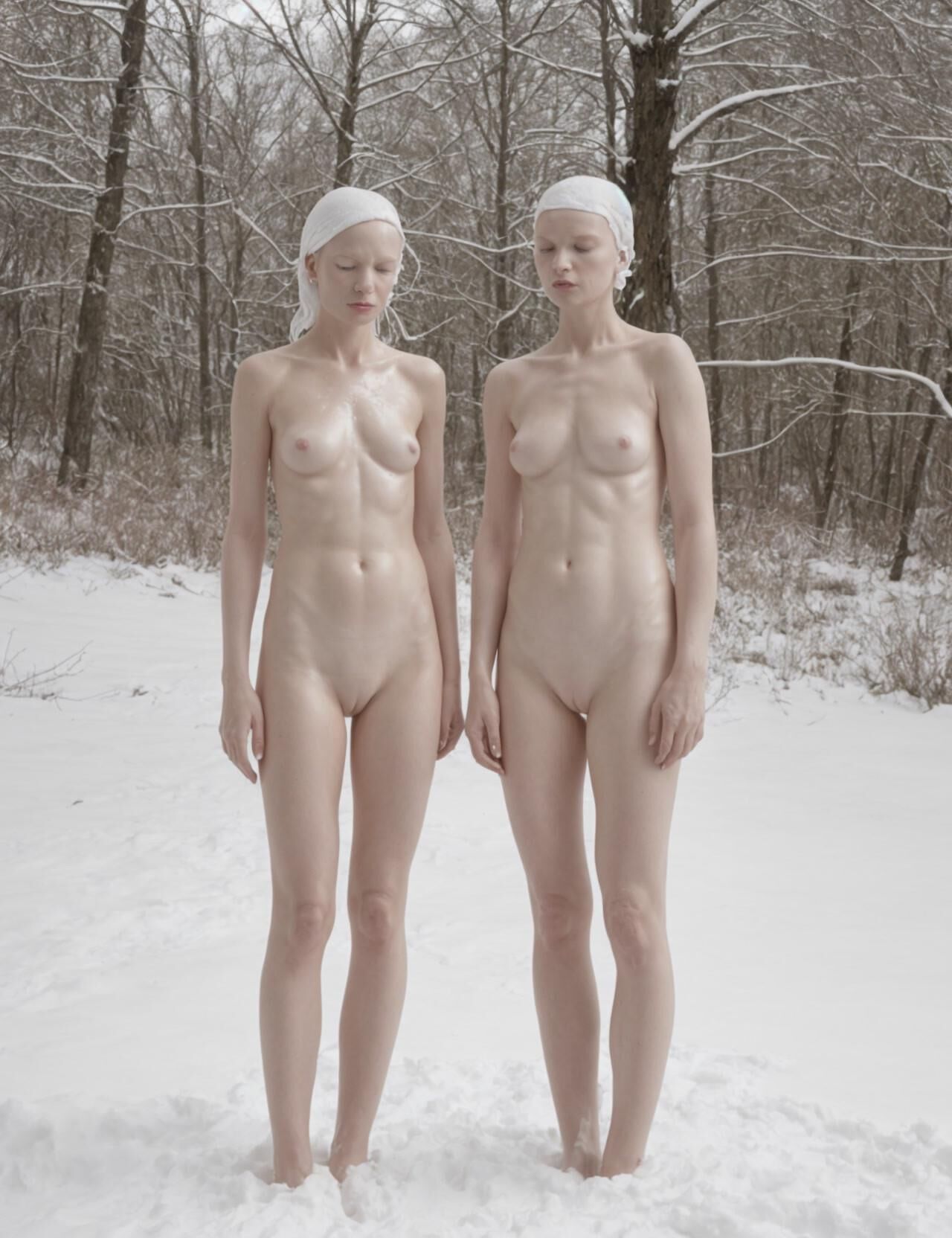 Slender Albino Angels exposed all nude in the snow
