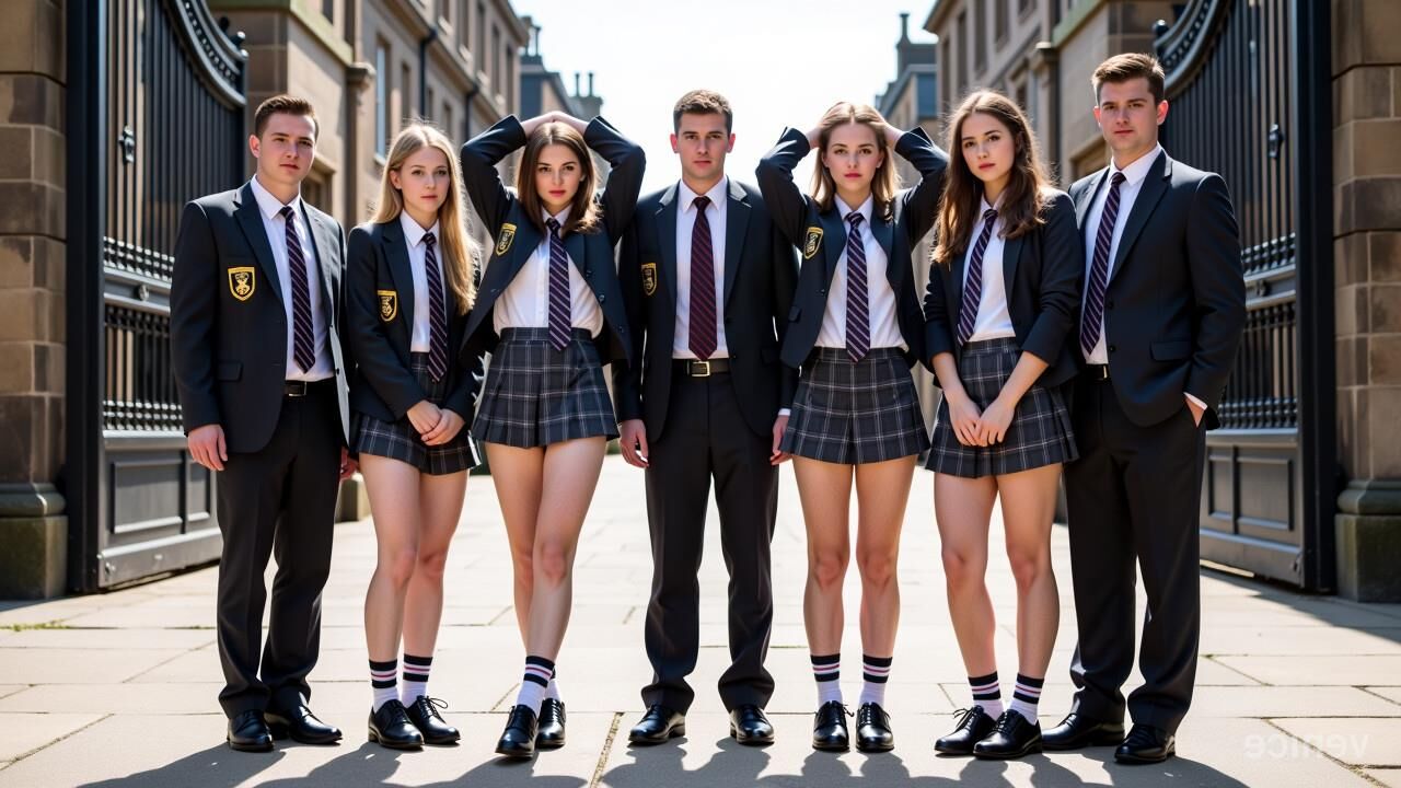 Posh colegialas privadas que pagan tarifas de IVA en las puertas de la escuela