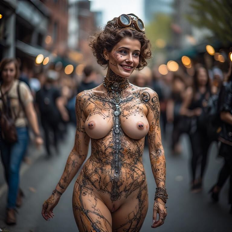 Pintura corporal sorridente mulheres steampunk com mamilos perfurados