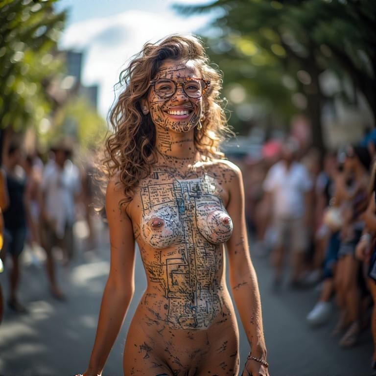Mamilos perfurados de tinta corporal sorridente desfile do solstício Fremont
