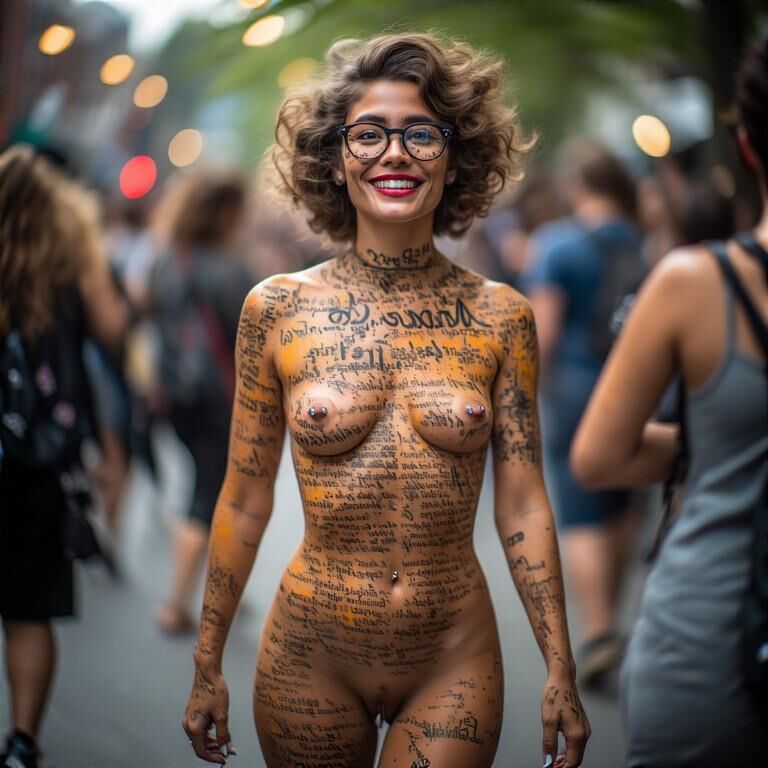 Mamilos perfurados de tinta corporal sorridente desfile do solstício Fremont