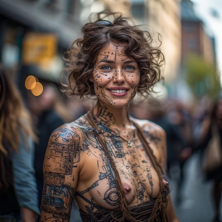 Pintura corporal sorridente mulheres steampunk com mamilos perfurados
