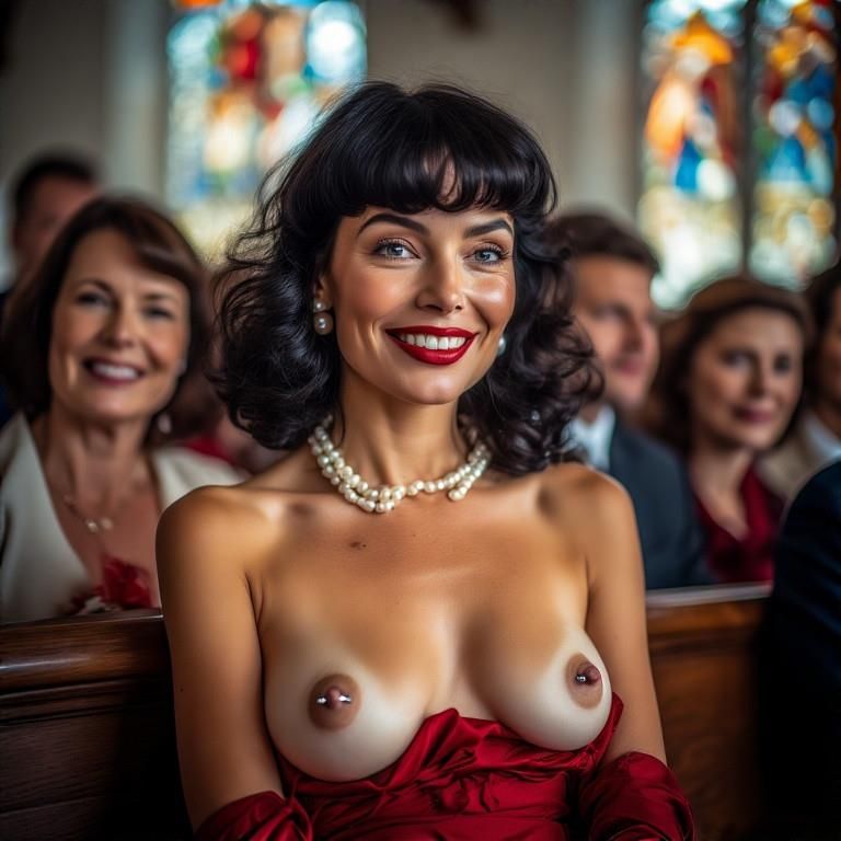 Mulher sorridente piscando mamilos perfurados na igreja