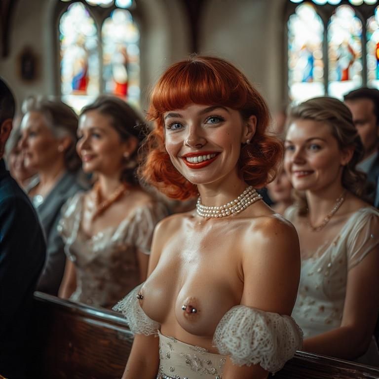 Улыбающаяся женщина мигает пронзила соски в церкви