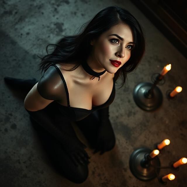 Gothgirls kniet mit KI herum und kniend