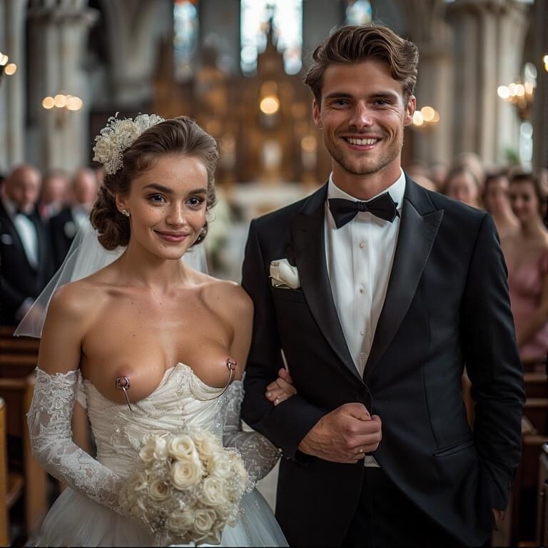 Smiling Brides with Pierced Nipples 