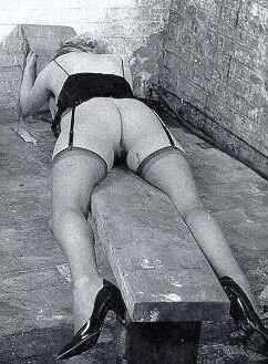 Retro Spanking Blushes picture set Wide open on basement bench