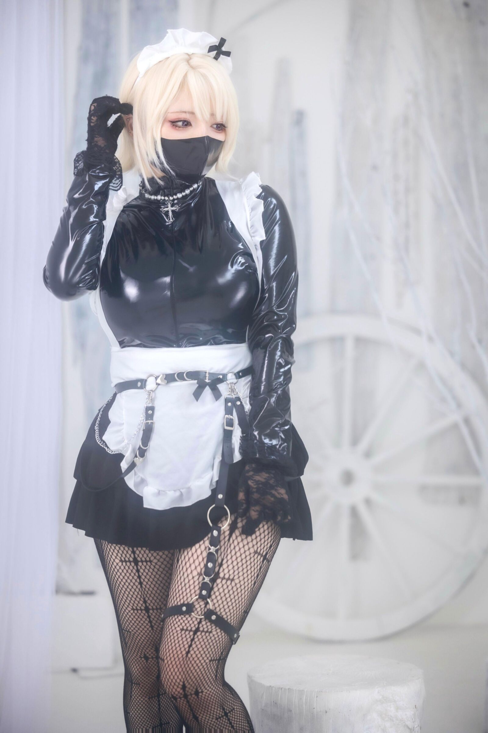 Asiático, falta, nylons
