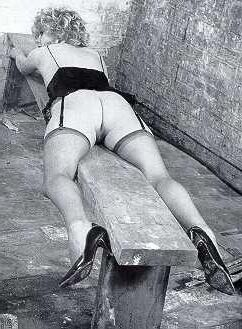 Retro Spanking Blushes picture set Wide open on basement bench