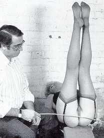 Retro Spanking Blushes picture set Wide open on basement bench