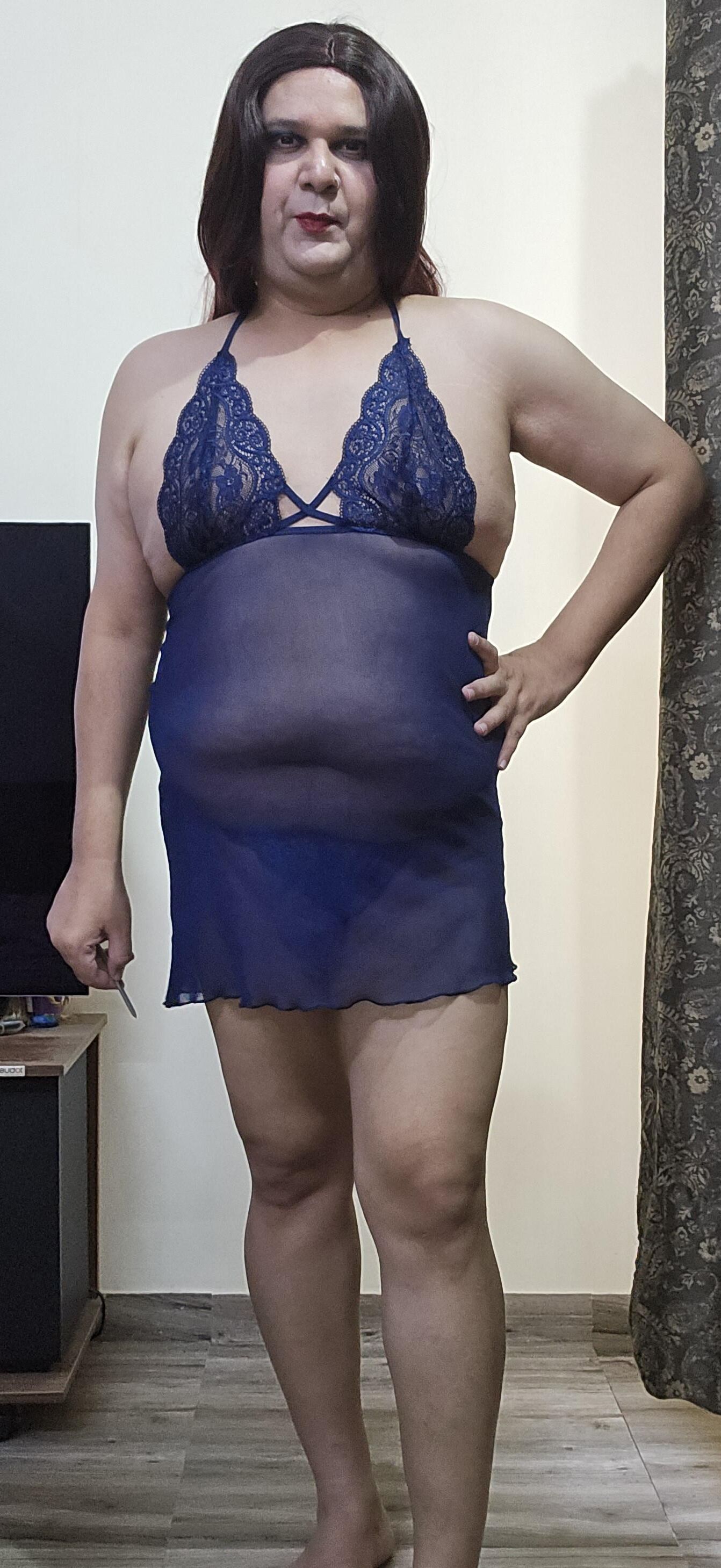 Redhead Shemale Monica M in Blue Babydoll