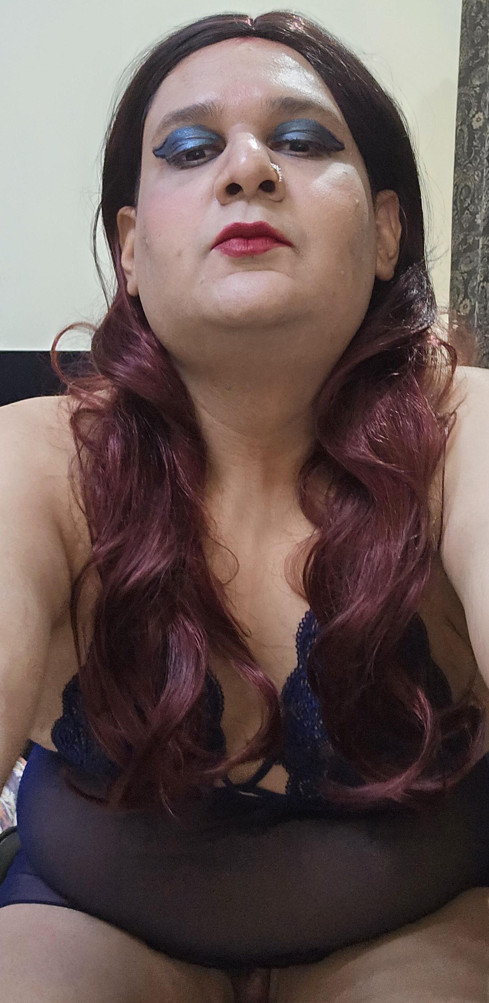 Redhead Shemale Monica M in Blue Babydoll