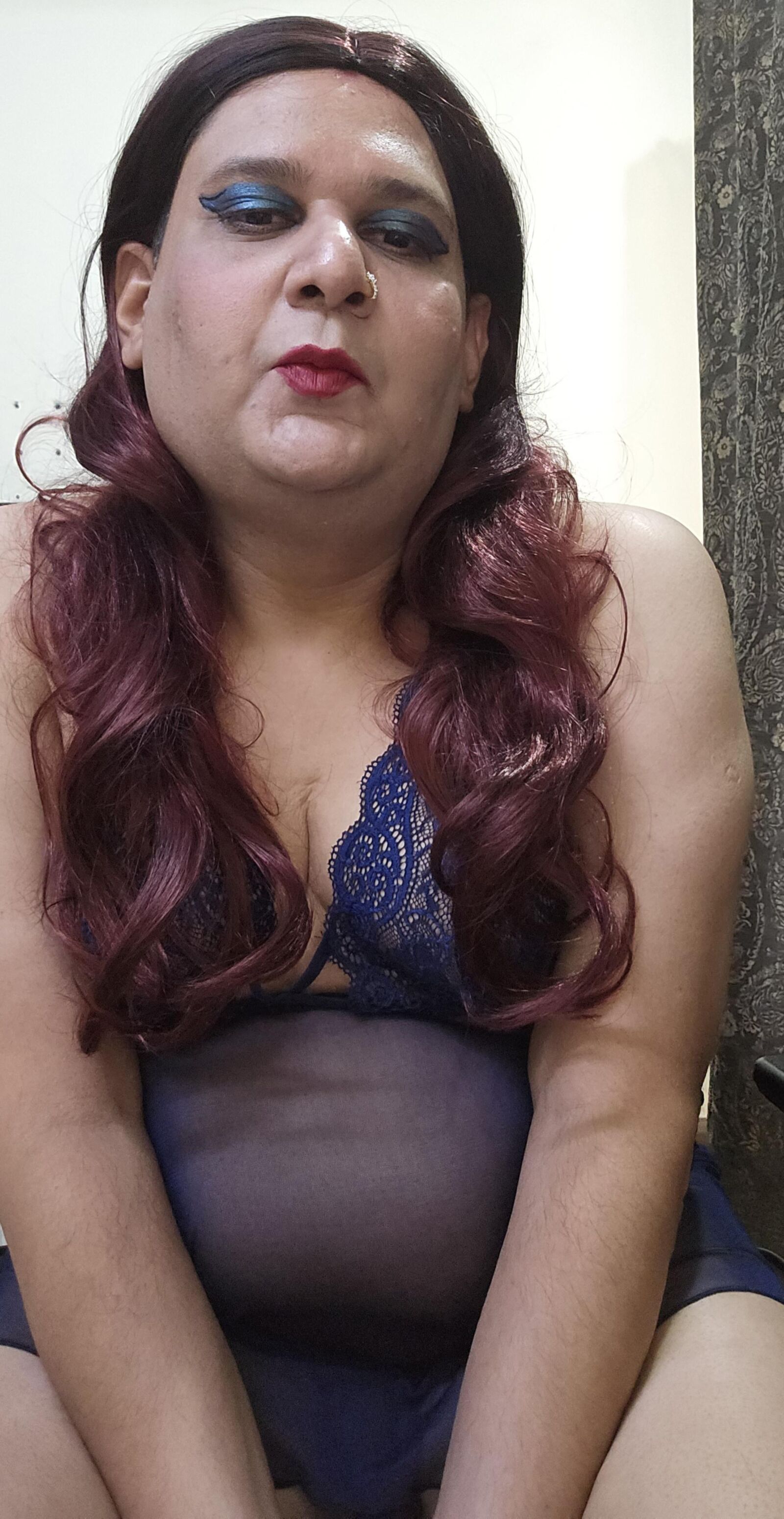Redhead Shemale Monica M in Blue Babydoll
