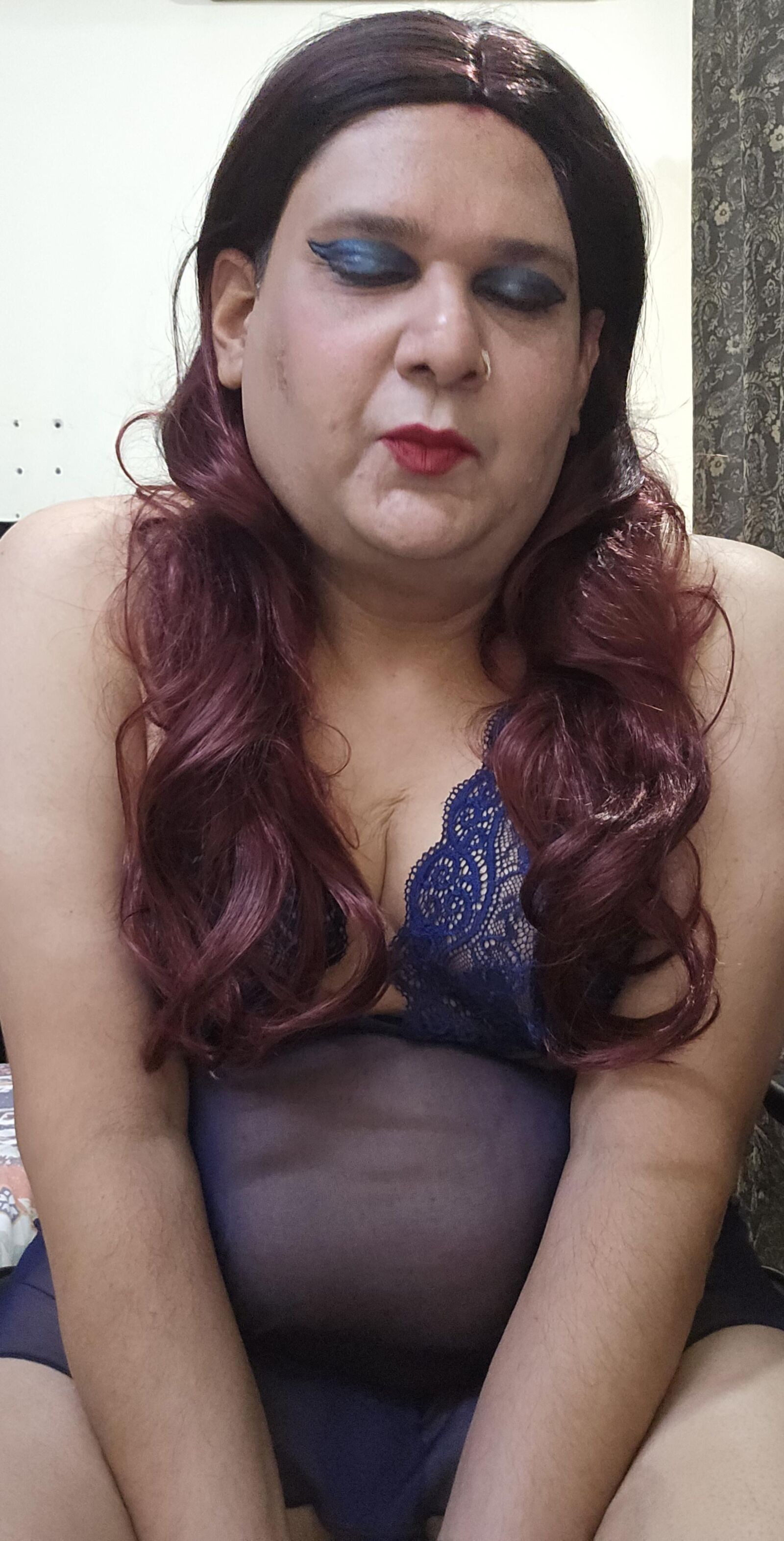 Redhead Shemale Monica M in Blue Babydoll