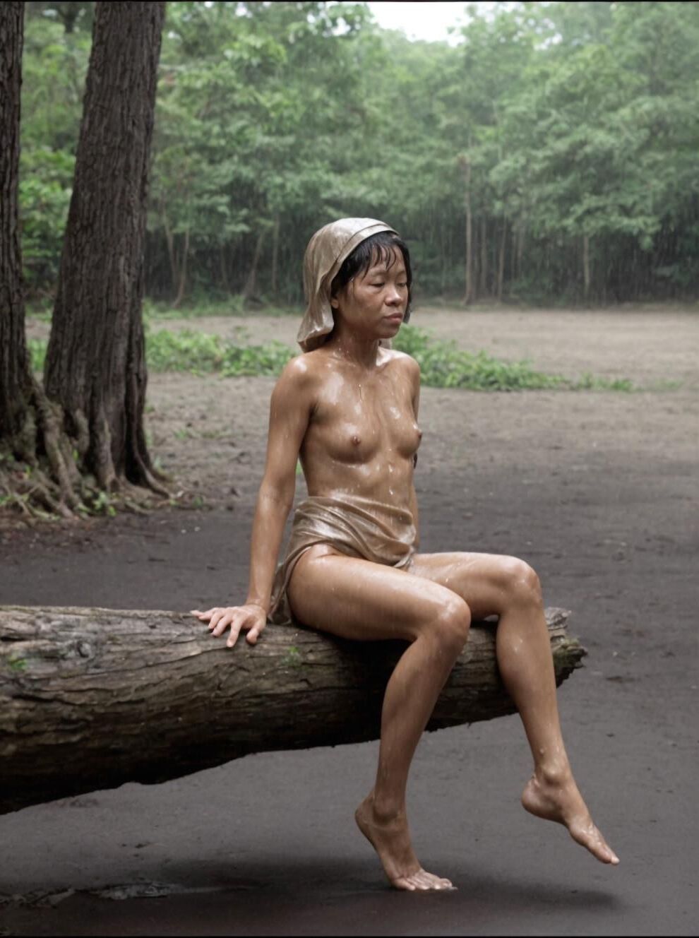 Thai naturists all wet relaxing in the rain at the forest