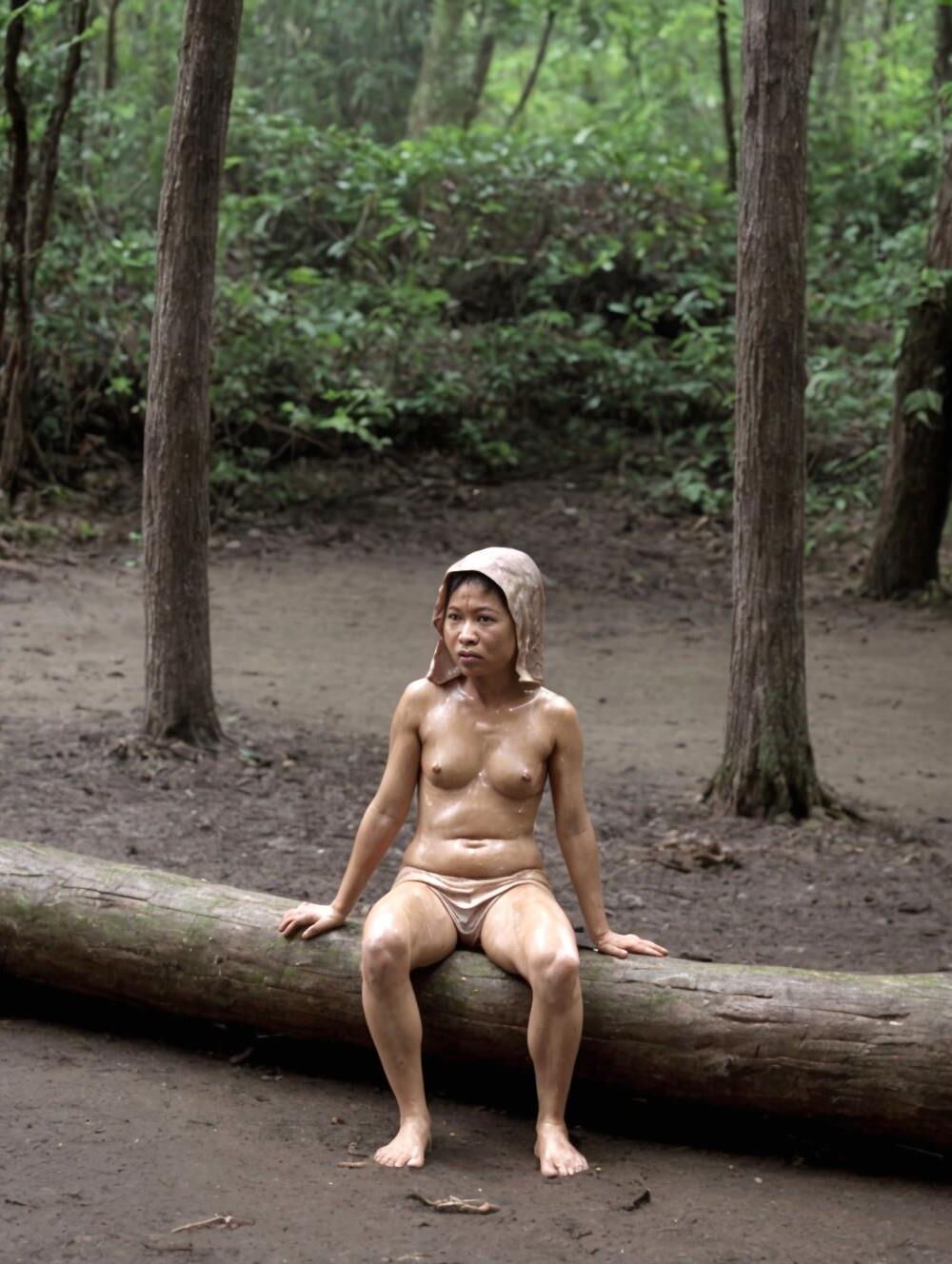 Thai naturists all wet relaxing in the rain at the forest