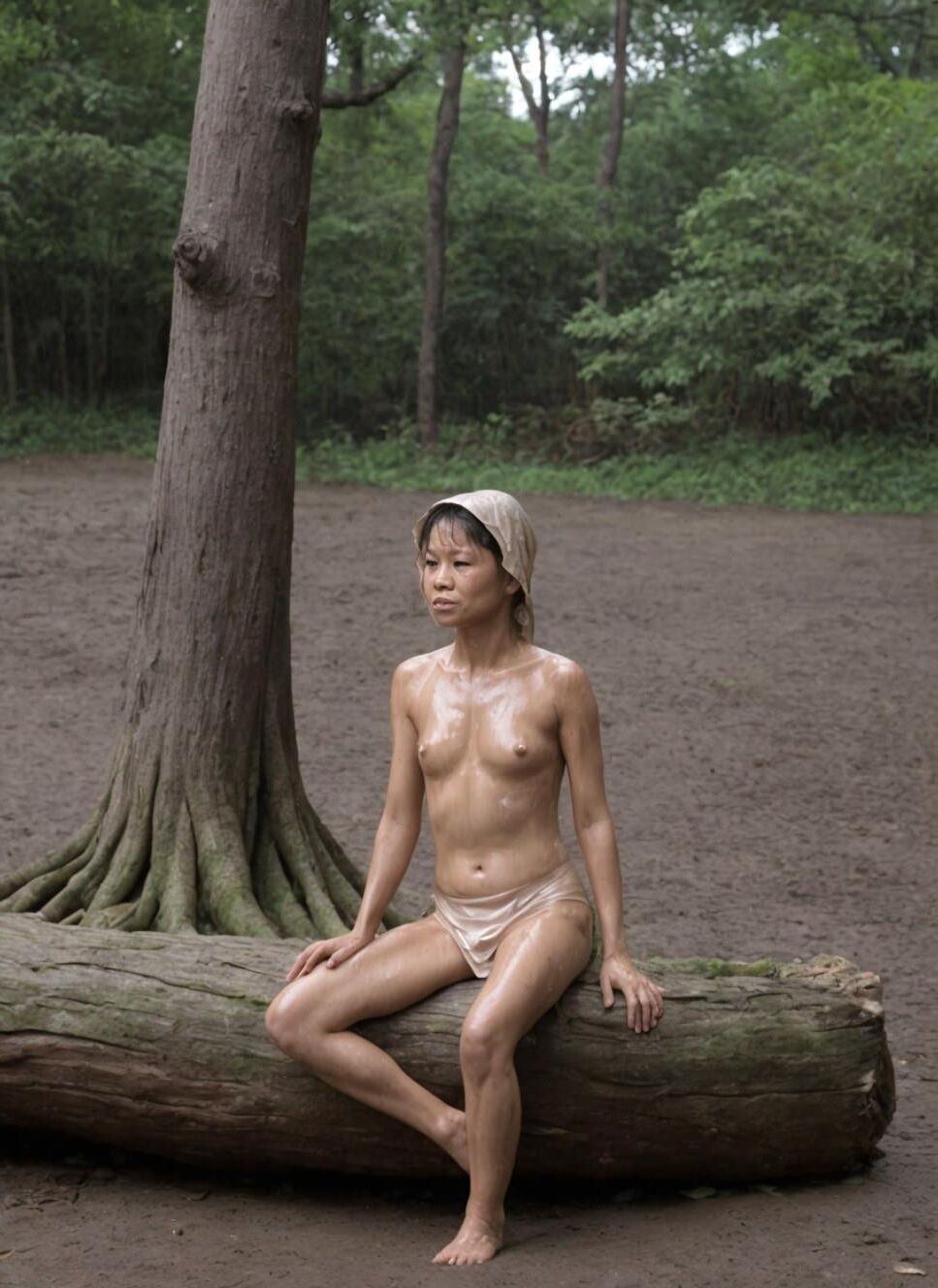 Thai naturists all wet relaxing in the rain at the forest