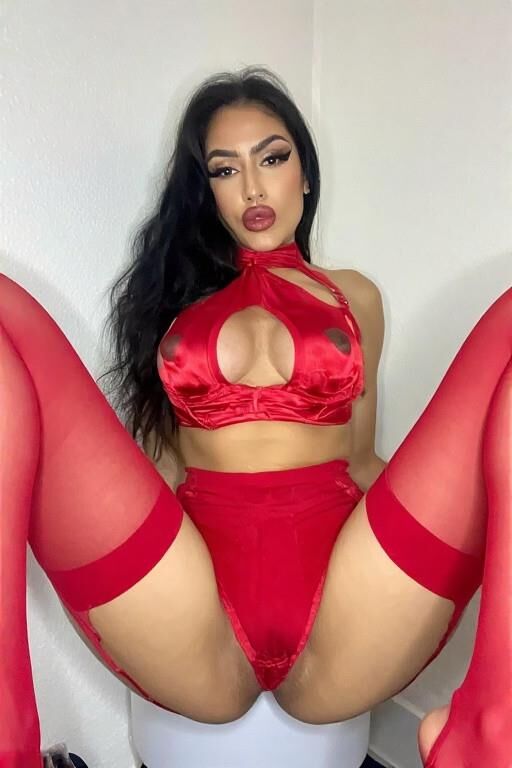 AI Latina Milfs in red satin and crotchless lingerie