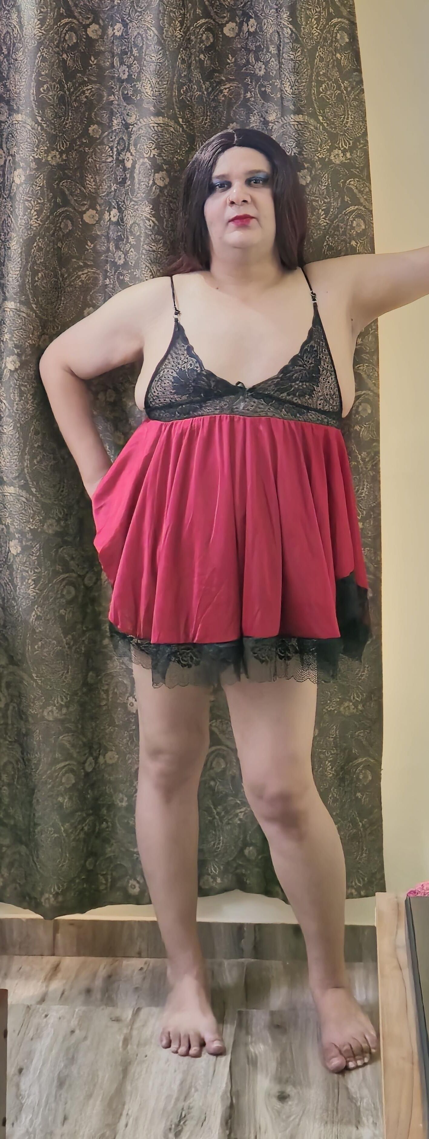 Travesti Monica Red Babydoll Conjunto ENORME