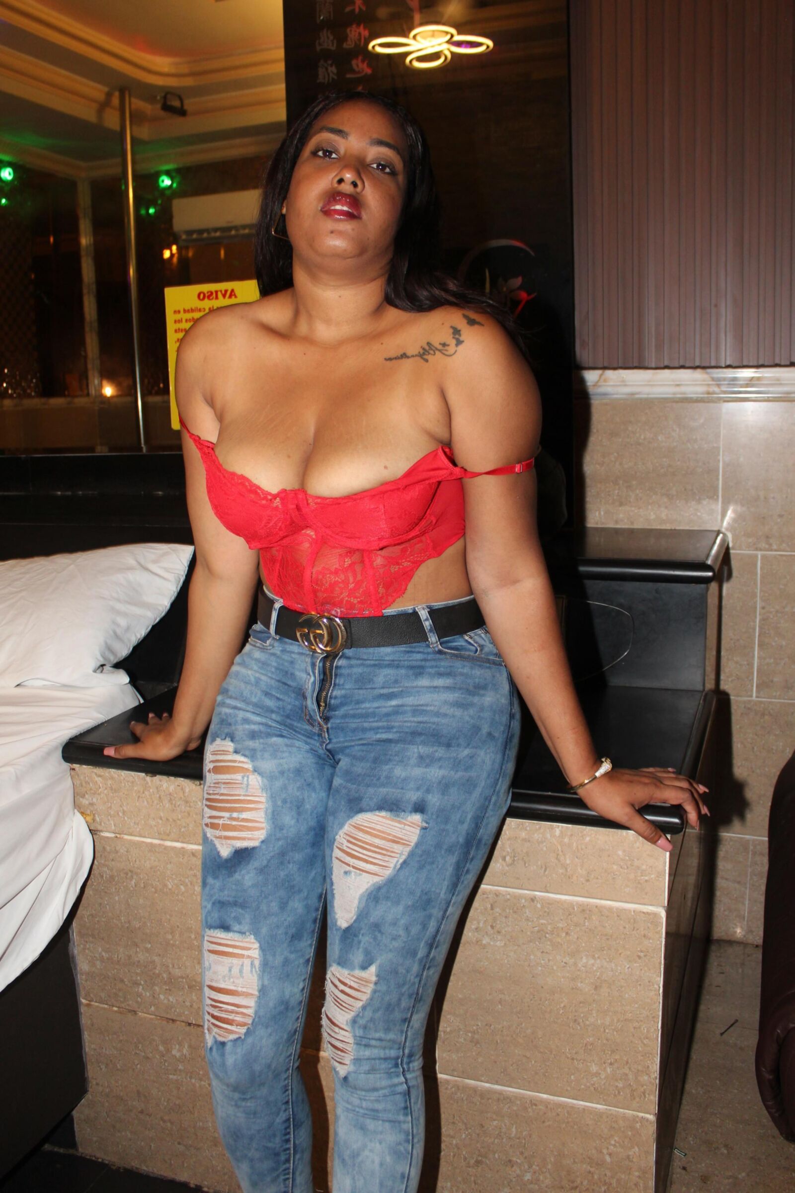 Attractive Mature Busty Latina Milf in Red Lingerie and Jeans
