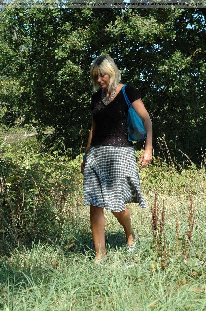 Spank and Shame slim bushy mature blonde Outside sunbathing