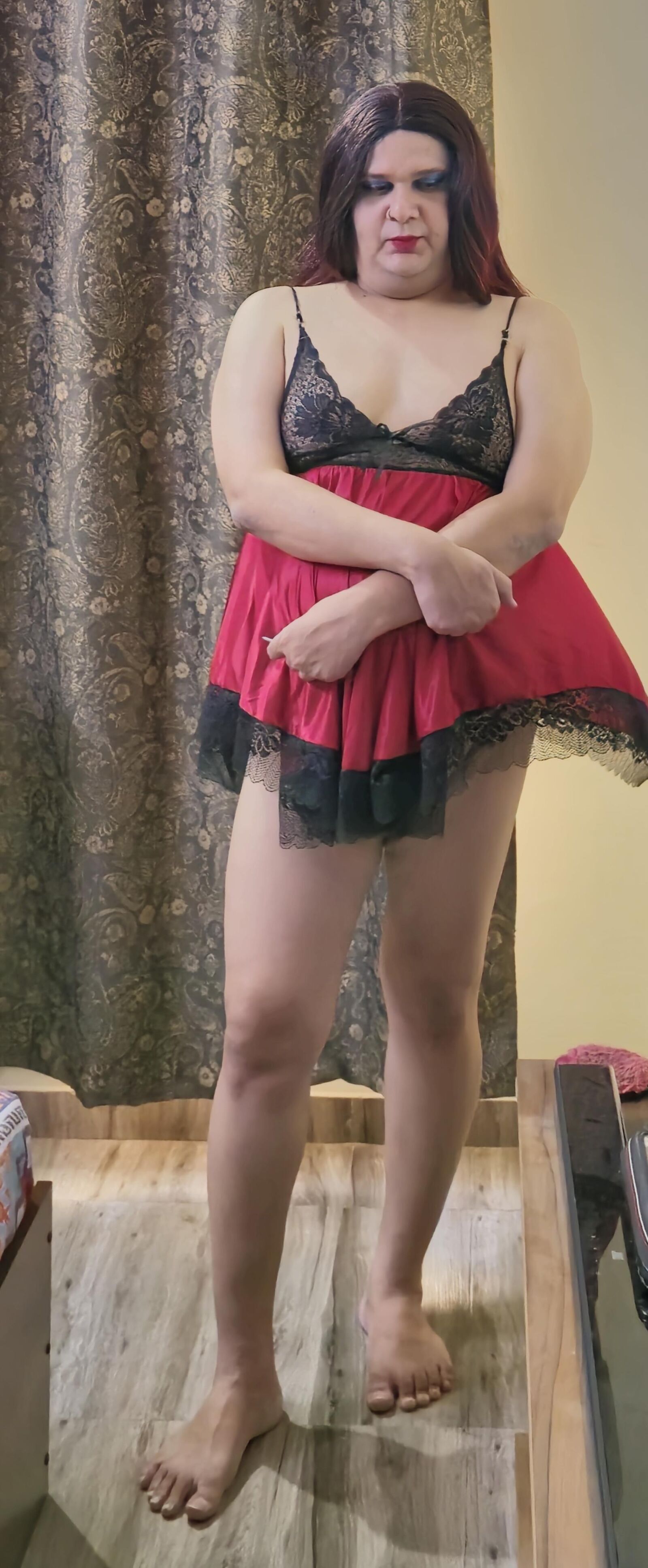Travesti Monica Red Babydoll Conjunto ENORME