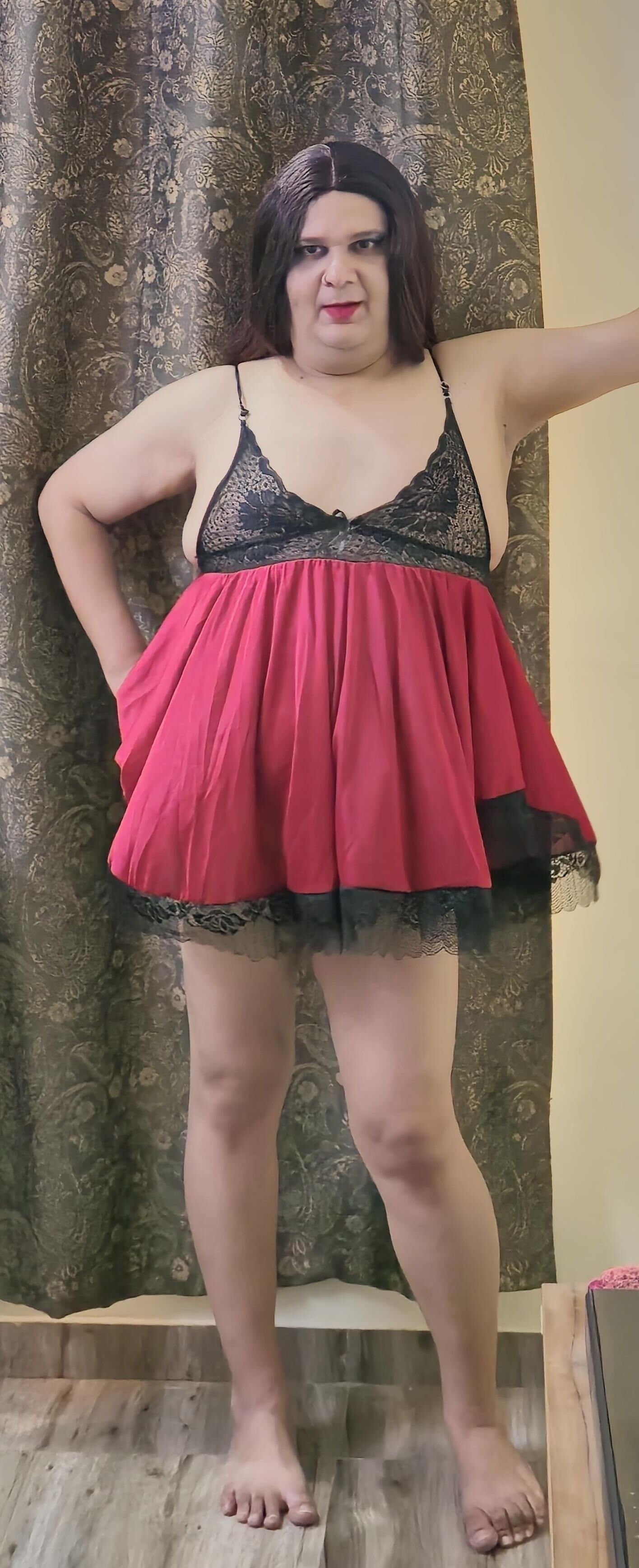 Travesti Monica Red Babydoll Conjunto ENORME