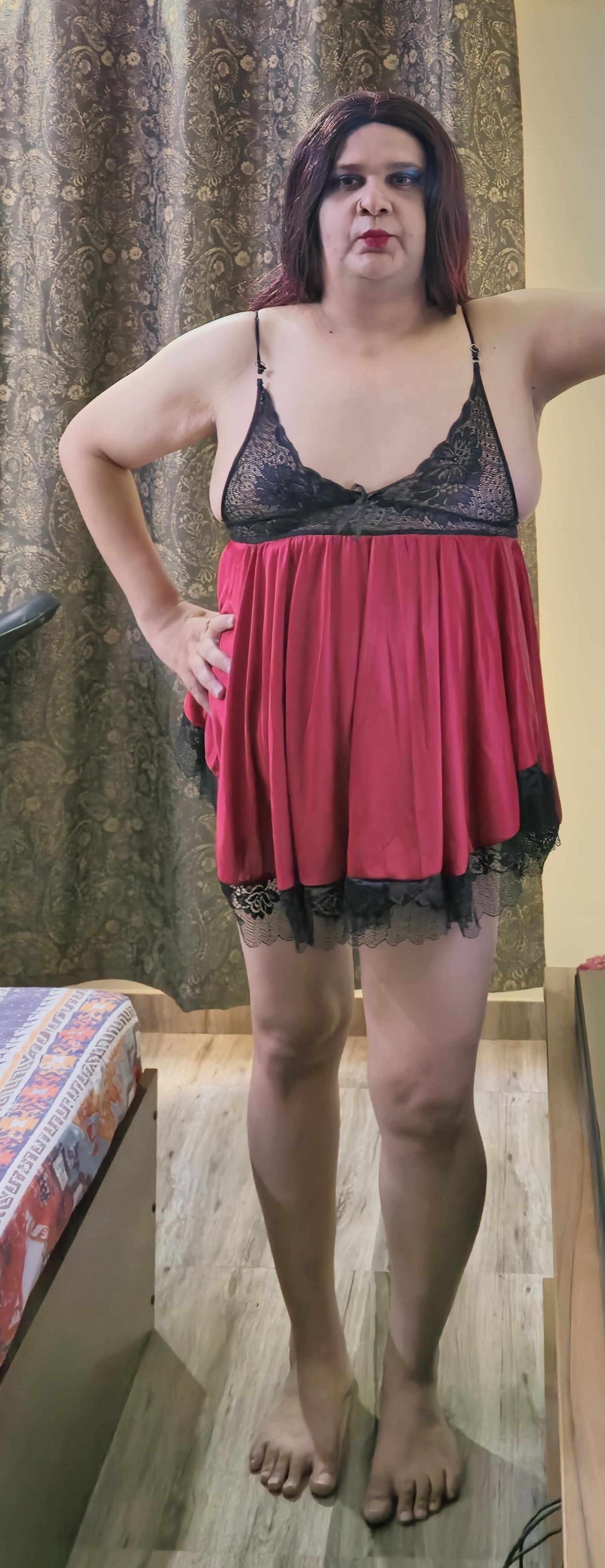Travesti Monica Red Babydoll Conjunto ENORME