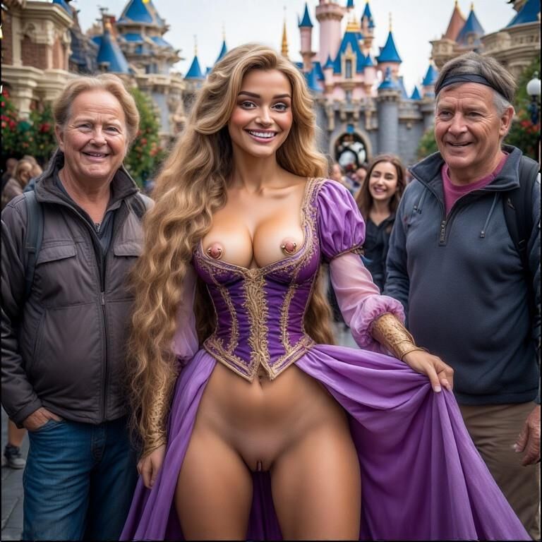 Rapunzel lächelt mit durchbohrten Brustwarzen in Disneyland