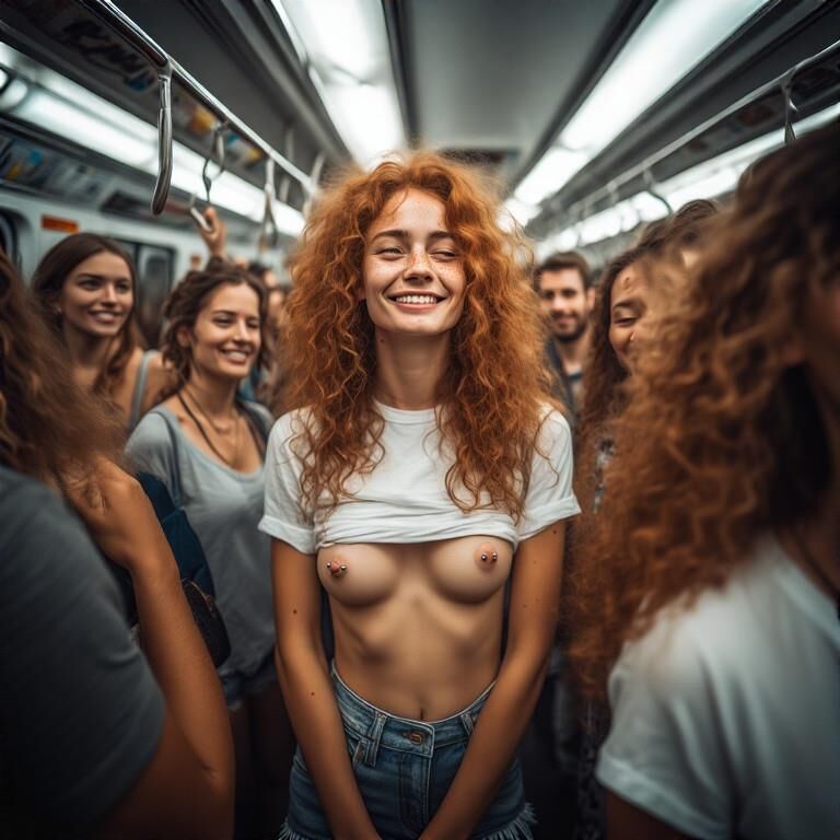 Shy Redhead Smiling Flasher with Pierced Nipples subway
