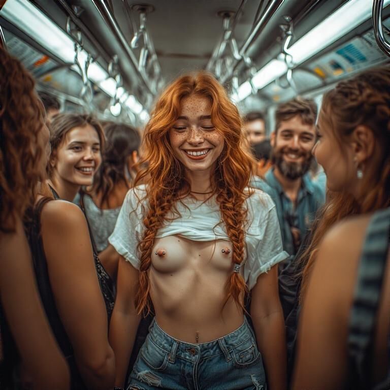 Shy Redhead Smiling Flasher with Pierced Nipples subway