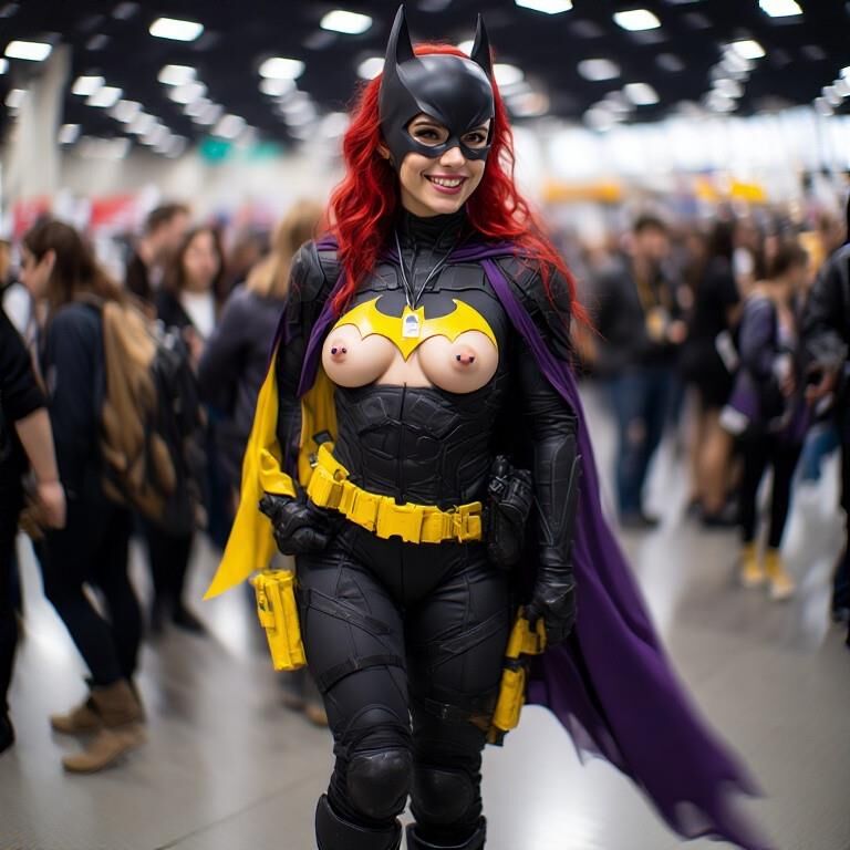Cosplay avec des mamelons percés à la convention Batgirl