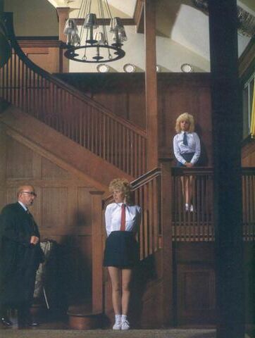 Retro Spanking Blushes picture set two girls hallway