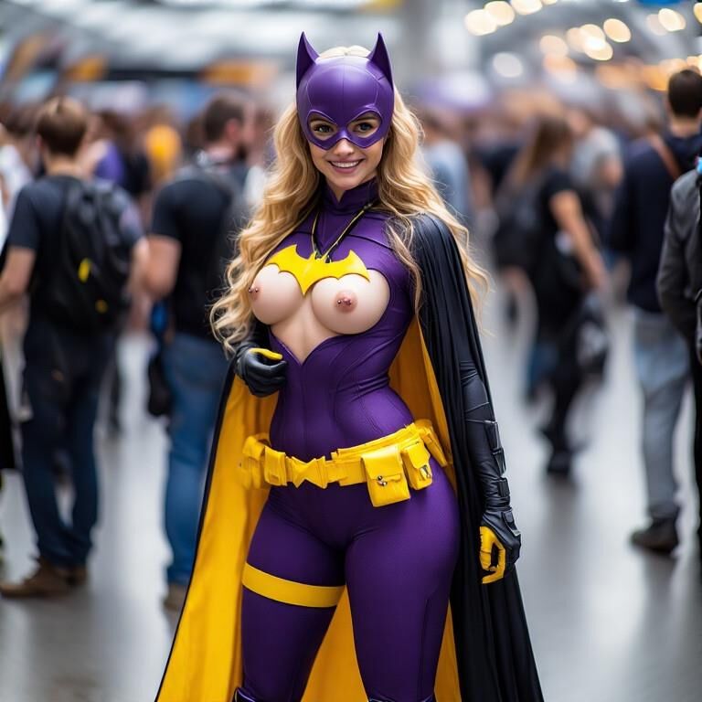 Cosplay avec des mamelons percés à la convention Batgirl