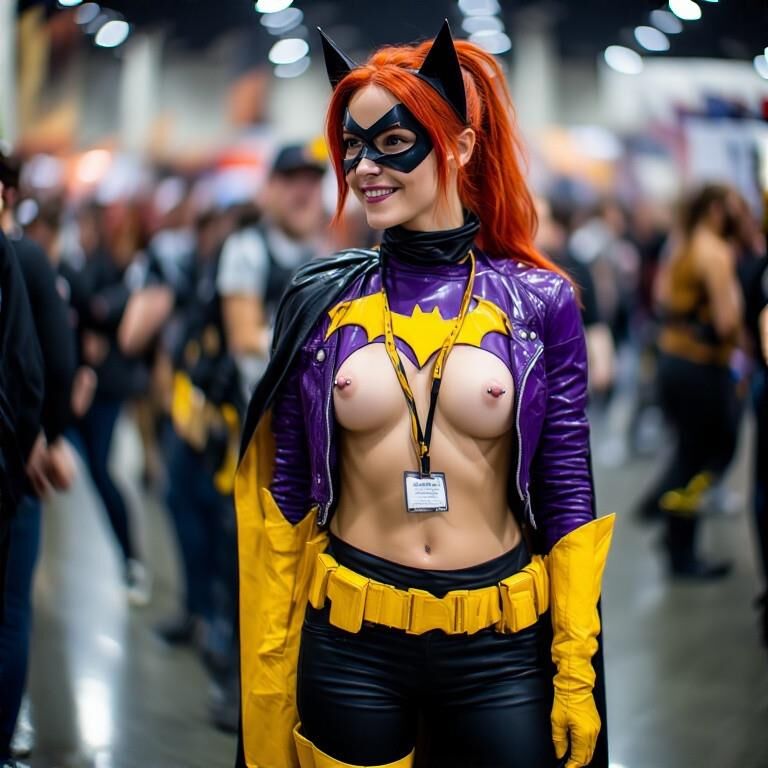 Cosplay avec des mamelons percés à la convention Batgirl