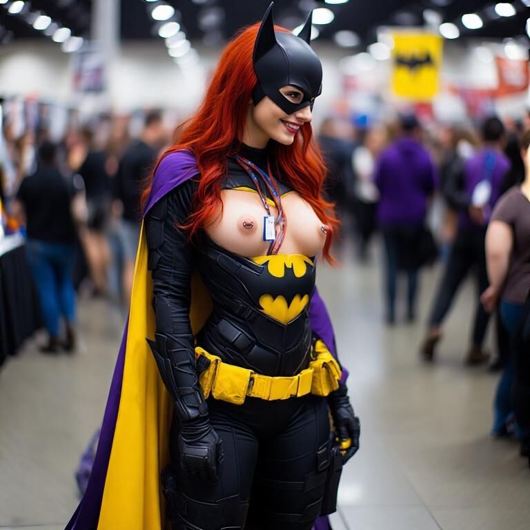 Cosplay avec des mamelons percés à la convention Batgirl