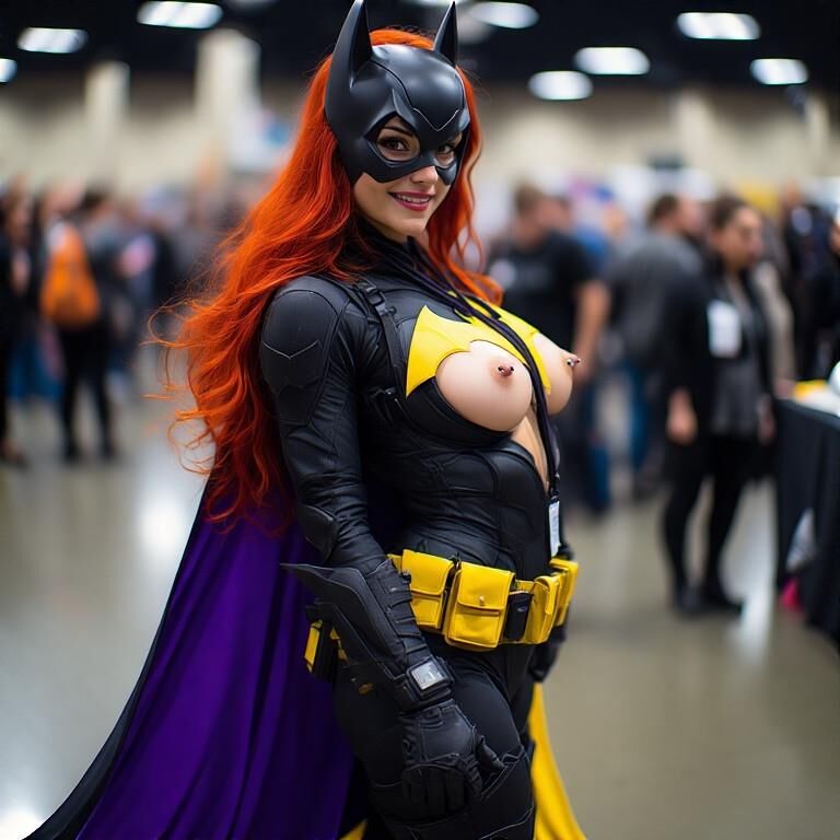 Cosplay avec des mamelons percés à la convention Batgirl