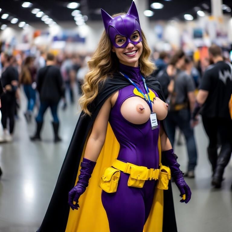 Cosplay avec des mamelons percés à la convention Batgirl