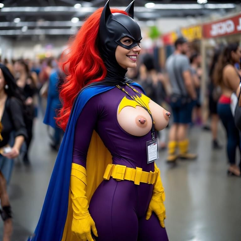 Cosplay avec des mamelons percés à la convention Batgirl