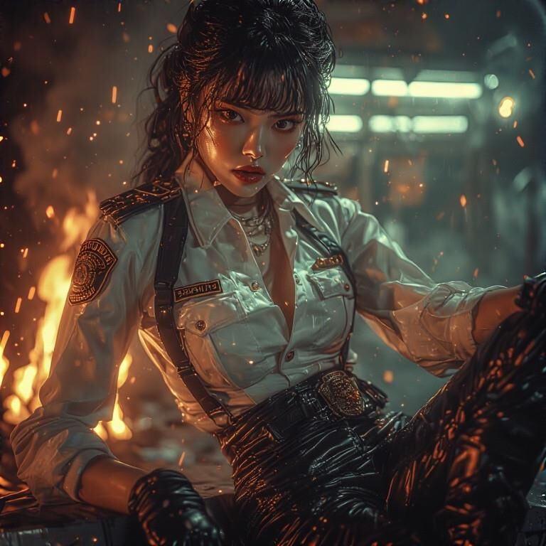 Policière asiatique en cuir AI