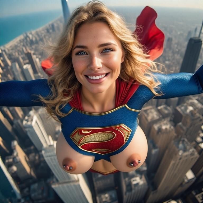 Super-héros clignotant des mamelons percés volant supergirl