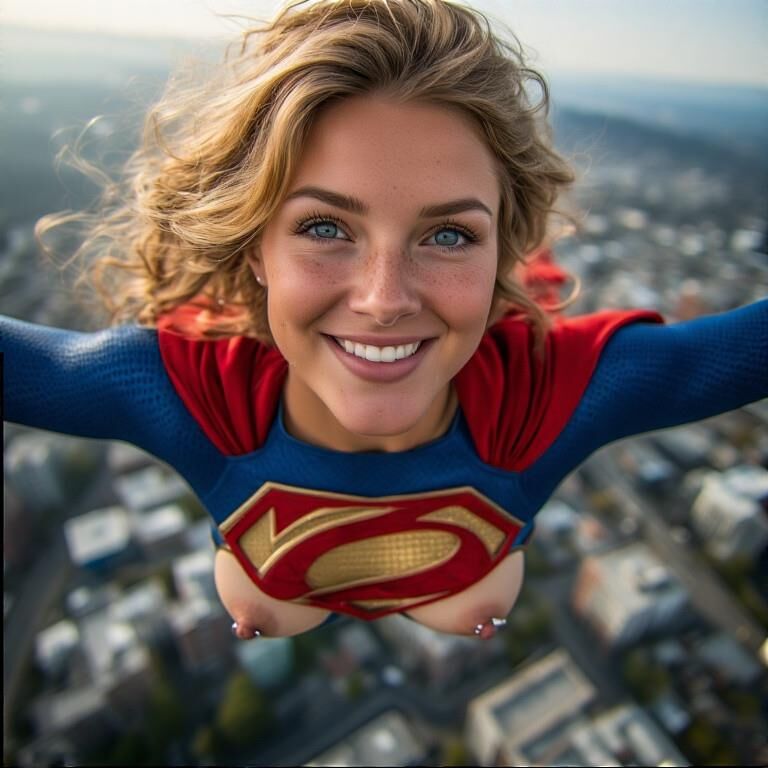 Super-héros clignotant des mamelons percés volant supergirl