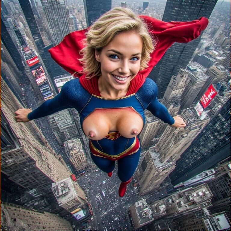 Super-héros clignotant des mamelons percés volant supergirl