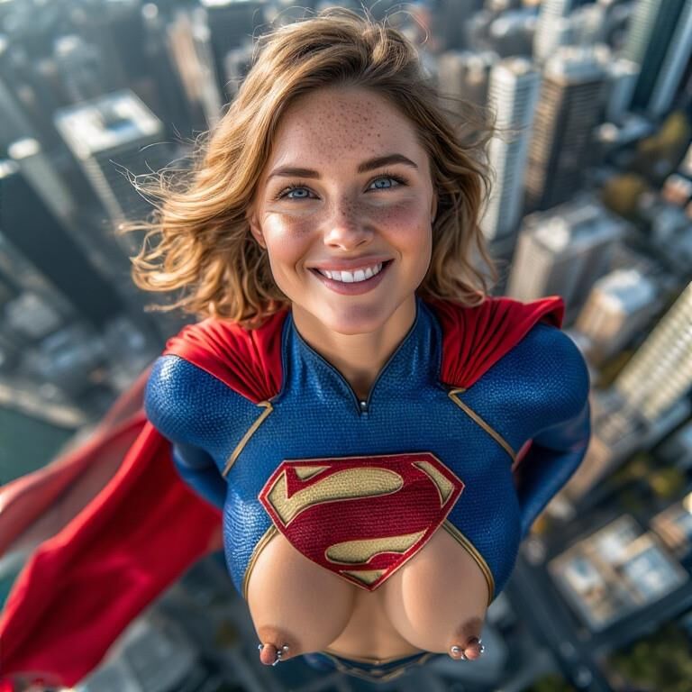 Super-héros clignotant des mamelons percés volant supergirl